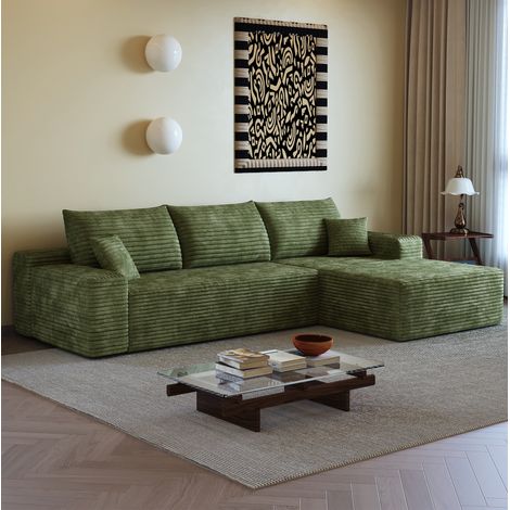 Sofá modular en L (270x175x83 cm), chaise longue, espuma elástica, pana acanalada verde (1/5)