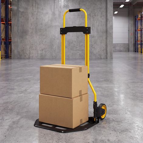 Chariot de transport jaune cadre acier, poignée télescopique, charge maximale 60 kg pour atelier et déplacement (1/5)