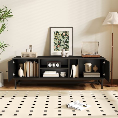 Meuble TV 150 cm en bois noir contrasté, rangement polyvalent avec armoires, étagères horizontales et verticales, design moderne et épuré (1/5)