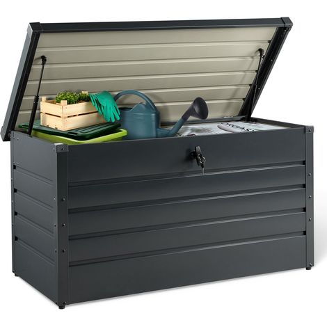 Idmarket – Coffre de jardin métal verrouillable gris anthracite 350L – Dimensions 120x62,5x63 cm – Résistant aux intempéries – Ouverture facile avec vérins à gaz