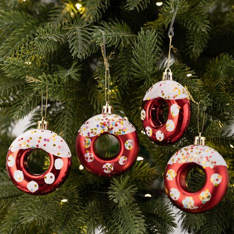 Weihnachtsbaumschmuck aus Kunststoff – Hängender Baumschmuck in Form eines Donuts, Bonbons oder Bagels – Rot (1/4)