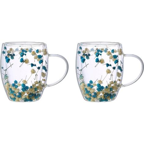 Lot de 2 Tasses à Thé Double Paroi en Verre Transparent Motif Fleurs Bleues 350 ml - PANGIVO (1/4)
