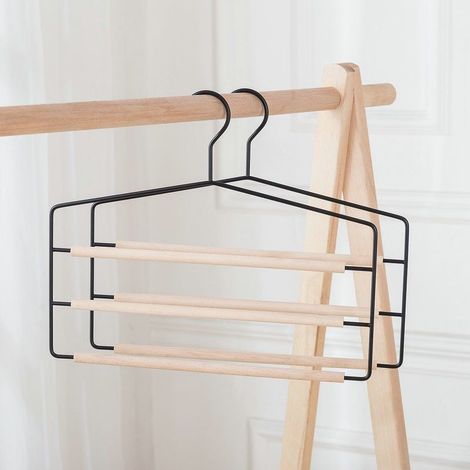 Cintres Multi-Niveau pour Pantalons en Bois et Métal, Lot de 2, Design Fin et Élégant, Peu Encombrants, pour Suspendre Jeans, Jupes, Vêtements et Accessoires (1/5)