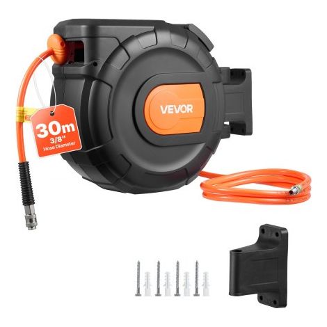 Carrete de Manguera de Aire Retráctil 30 m x 9,5 mm, Manguera para Compresor de Aire Presión Máxima de 300 PSI, con Entrada de 2 m, Montaje en Pared Giratorio de 180°, para Garaje, Taller (1/5)