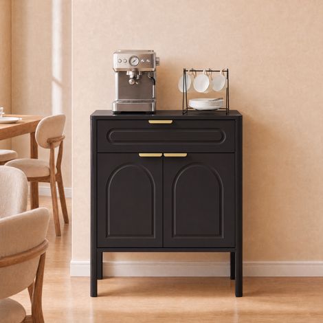 Buffet bas noir avec design bombé, 1 tiroir et 2 portes, poignées dorées, bords arrondis, pour entrée, salle à manger et cuisine. (1/5)
