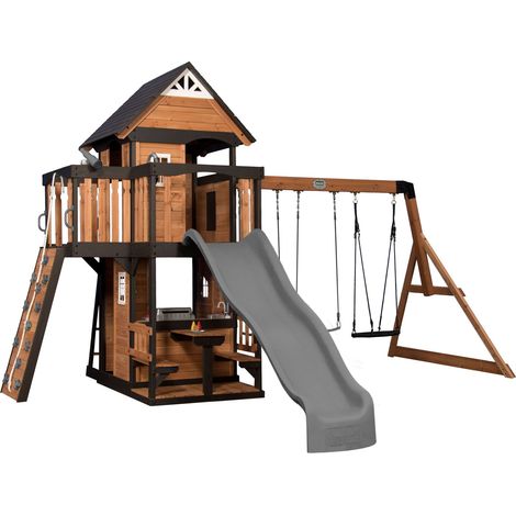 Backyard Discovery – Aire de jeux en bois Canyon Creek – Portique balançoire avec mur d'escalade et toboggan 2,4m – Table pique-nique intégrée – +3 ans (1/5)