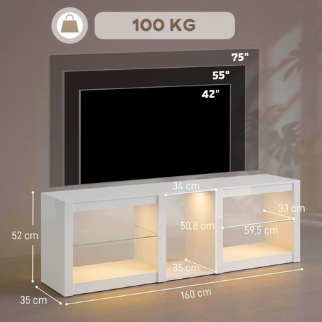 Meuble bas TV éclairage RGB LED étagères verre modulables adapté aux écrans jusqu’à 75 pouces blanc pour salon (1/4)