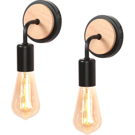 Wandleuchte Innen, 2 Stück Schwarz Holz Wandlampe E27 Vintage für Wohnzimmer, Schlafzimmer, Flur, Restaurant (Ohne Leuchtmittel)