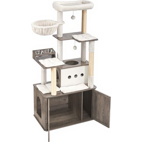 Feandrea Arbre à Chat de 170 cm, avec Cache-Litière, Niche, Station d’Alimentation, Rangement, Poteaux à Griffer, Hamac, Coussins Lavables, Grège Chiné PCT169K02V1 (1/5)