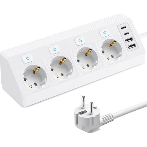 Multiprise d'angle à 4 prises avec interrupteurs, 2 USB et 2 Type-C, multiprise d'angle avec parasurtenseur, câble de 2 m, pour cuisine, bureau et bureau (1/5)