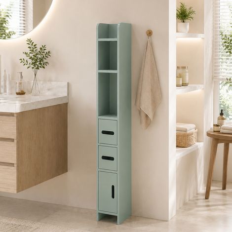Meuble Colonne de Salle de Bain, Armoire Toilette Haute avec Étagères et Placards - 15 x 17 x 120 cm, Vert Clair (1/5)
