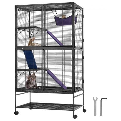 Cage à furet en métal roulante 1640 mm, grande cage pour petits animaux à 4 niveaux avec rampes et plateau, pour rats de compagnie, hamster, cochon d'Inde, chinchilla, écureuil, hérisson, lapin (1/4)
