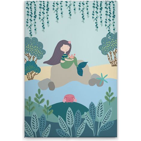Leinwandbild Meerjungfrau Kinderzimmer M1-No.50585 - Kunstdruck auf Leinwand in Bunt Beige - Wandbild 80 x 120 cm