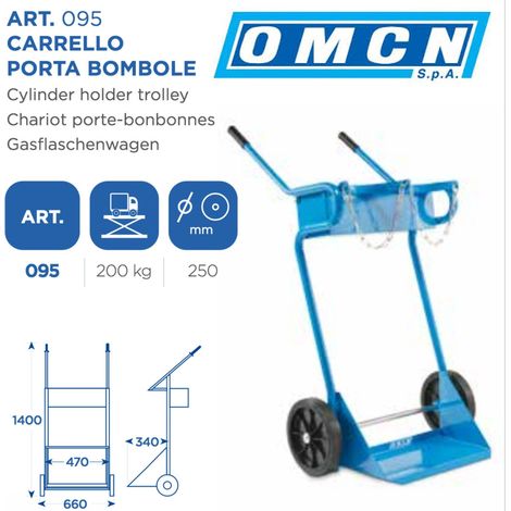 TRADE SHOP - Carrello Porta Bombole Omcn 095 Portata 200 Kg Con Ruote Da 250 Mm Altezza 140cm - (1/3)