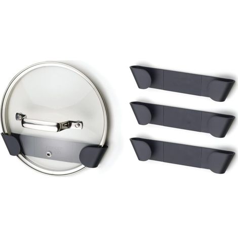 Set di 4 supporti autoadesivi da parete per coperchi di pentole e padelle, dal design compatto e resistente.