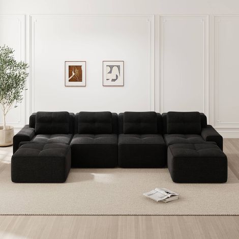Canapé modulaire 4 places en velours noir, design en u profond, sans montage, confort cloud antidérapant (1/5)