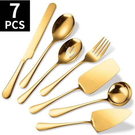 7 pièces, ustensiles de service en acier inoxydable, couverts professionnels dorés pour buffet, banquet et événements festifs (1/5)