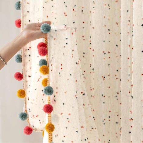 Set of 1 Bohemian Rainbow Sheer Curtains with Colorful Tassels, Light Filtering, Striped Linen Look, Window Curtains with Rod Pocket (1/5)