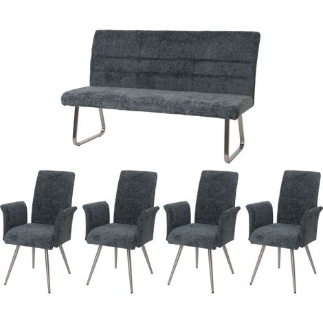 Set de salle à manger HHG-219, set de 4 chaises avec accoudoirs+banc 160cm, inox brossé tissu/textile chenille, bleu-vert (1/5)