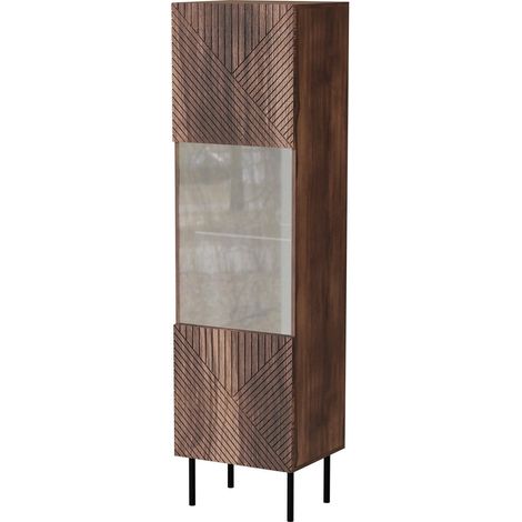 Vitrine Triulzi, Vitrine de salon avec porte vitrée et détail, finition géométrique, 50x40 h187 cm, noyer (1/4)