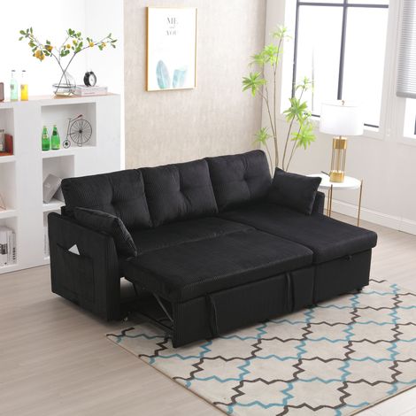 Canapé d'angle convertible 3 places, 206x108x66 cm, canapé-lit modulable avec méridienne réversible et coffres de rangement, velours côtelé noir (1/5)