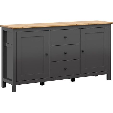 commode Buffet à 2 portes et 3 tiroirs, coloris Gris graphite/Chêne artisan - Longueur 186 x Profondeur 44 x Hauteur 96 cm (1/5)