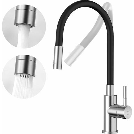 Mitigeur Cuisine Noir Flexible, Robinet Cuisine Rabattable, Robinetterie de Cuisine, Robinet de Cuisine avec 2 Types de Jets, Robinet Noir avec Eau Chaude et Froide, Mitigeur Chrome+Noir (1/5)