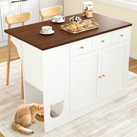 Modernluxe – Îlot central de cuisine extensible 120x70x90cm – Plateau rétractable 40-70cm – Espace pour animaux – 3 tiroirs et 2 portes – Blanc et noyer