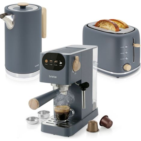 Briebe SKT1209GRY Nordic Set Machine à Café 20 Bars, Grille-Pain 2 Tranches, Bouilloire Électrique 1350W Gris (1/5)