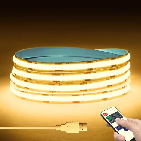 LED Strip COB Dimmable DC5V USB, 1M Warm White LED Strip Light with Remote Control Dimmer for Indoor Kitchen Bedroom Lighting (1/5)