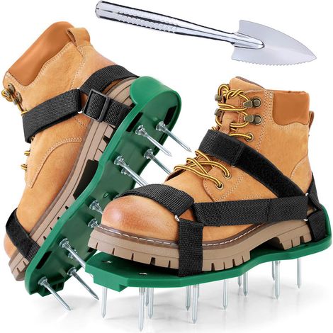 Aireador manual – 2 zapatos con púas con suela y puntas de 25 mm – Zapatos ajustables para césped para airear el suelo, trabajos de pavimentación y aireador de césped, color negro (1/5)