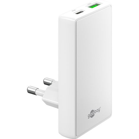 Chargeur rapide double GOOBAY, 45 W, 1x USB-C, 1x USB-A, déplié à 90°, plat, blanc