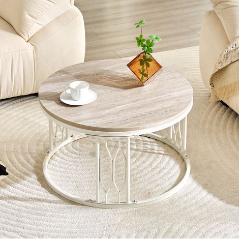 Table basse ronde blanche style moderne, plateau aspect bois et structure métal, rangement ouvert, Ø70x40,5 cm (1/5)