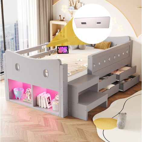 Kinderbett 90 x 200 cm Grau mit Stauraum, Schutzgittern, LED und USB-C-Anschlüssen (1/5)