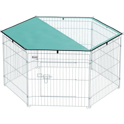 Parc pour chien 6 panneaux avec toit, enclos modulable et pliable, portable 60H cm avec porte, clôture pour chat et petit chien, intérieur/extérieur, argent et vert. (1/5)