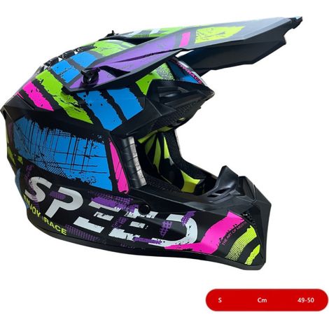 Kinder-Motocross-/Enduro-Helm für Motorrad, ATV, Fahrrad – Größe S (49–50 cm), mattschwarz mit mehrfarbigem Design