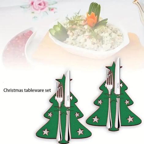 Set 12 pièces, Nouveauté 2025 Couverts Arbre de Noël, Pochette Fourchette Cuillère en Feutrine, Décor de Table Festif, Rangement Couverts Thème Sapin (Vert) (1/2)