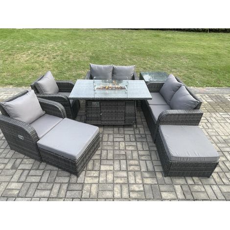 Fimous 8-Sitzer Rattan Gartenmöbel Set Outdoor Propan Gas Feuergrube Tisch und Sofa Stuhl Set mit Beistelltisch 2 Big Foothocker (1/5)