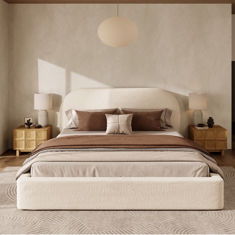 Cama tapizada 223x200x98.5 cm, con somier, cabecero acolchado de 13.5 cm, fundas lavables, bouclé beige (1/5)