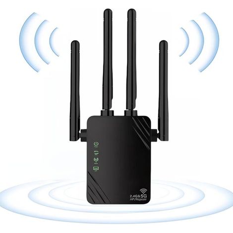Amplificateur WiFi 1200Mbps, double bande 5Ghz et 2,4Ghz, port Gigabit et WPS, équipé de 4 antennes, compatible avec toutes les box réseau，noir (1/5)