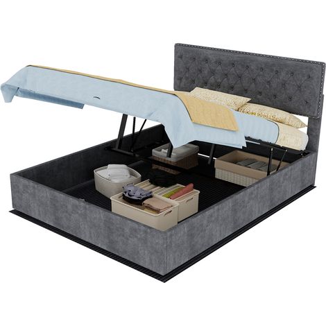 CHICFURN lit double en velours gris 140 x 200 cm avec tête de lit haute et rangements (1/5)