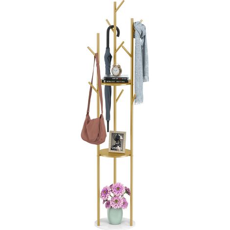 Unho – Porte-manteau sur pied en marbre et métal – 9 patères arrondies – Charge maximale 25kg – Dimensions 31.7x31.7x112.5cm – Doré (1/5)