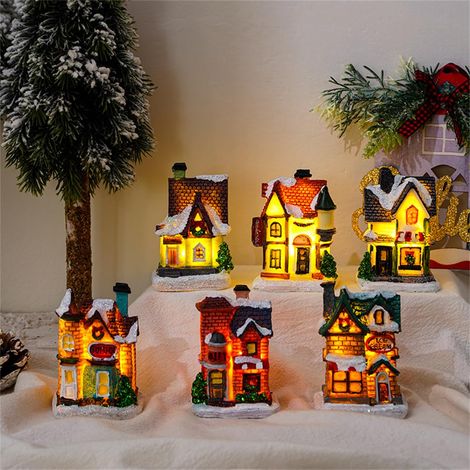 Lot de 6 Maisons de Village de Noël Lumineuses à LED avec Figurines, Collection de Village de Noël, décoration d'intérieur