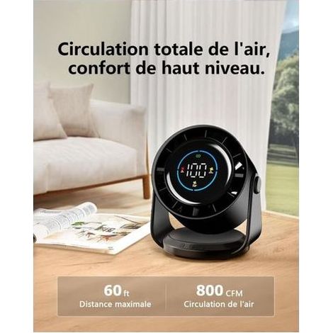 Ventilateur de bureau silencieux ultra-puissant, 100 vitesses réglables + tête pivotante 105°, rechargeable USB, batterie intégrée