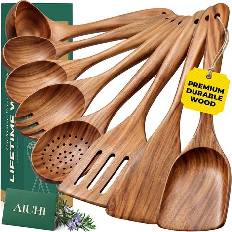 Lot de 8 ustensiles de cuisine en bois de teck, cuillères en bois lisse pour cuisine, ensemble de spatules en bois lisse pour ustensiles de cuisine antiadhésifs, cuisine quotidienne, cadeau de (1/5)