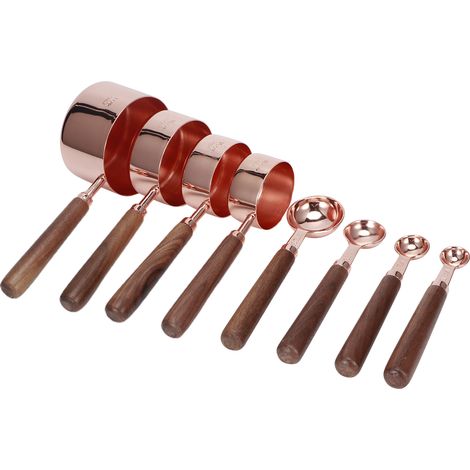 8-teiliges Messlöffel-Set aus roségoldenem Edelstahl mit Holzgriffen – Küchen- und Backzubehör (1/5)