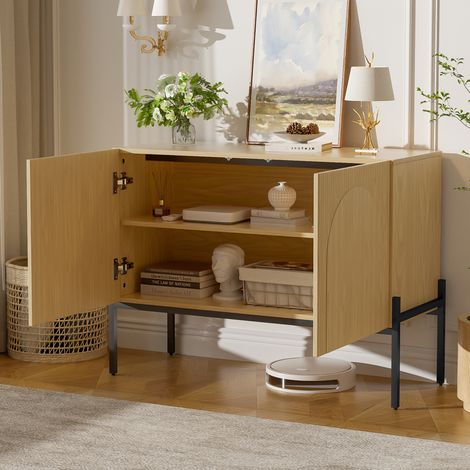 Buffet 2 portes en panneau de particules, pieds métalliques, design arqué, naturel, 100 x 40 x 75 cm (1/5)