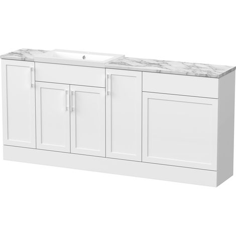 Pirehill Traditional Floor Standing 4 Door Vanity Basin WC Unit with Polymarble Basin and Laminate Worktop, 1800mm, Matt White