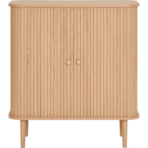 Ebuy24 – Buffet 2 portes coulissantes en bois massif H87cm – Style scandinave – Finition à lattes – 2 niveaux de rangement – Compact 80x40cm (1/5)