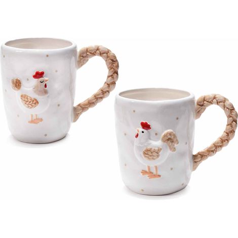 Tazze in ceramica ad effetto martellato con decoro a gallina in rilievo e pois con manico a forma di manico di cestino, set da 4 pezzi, Ø 9 cm x 11 H